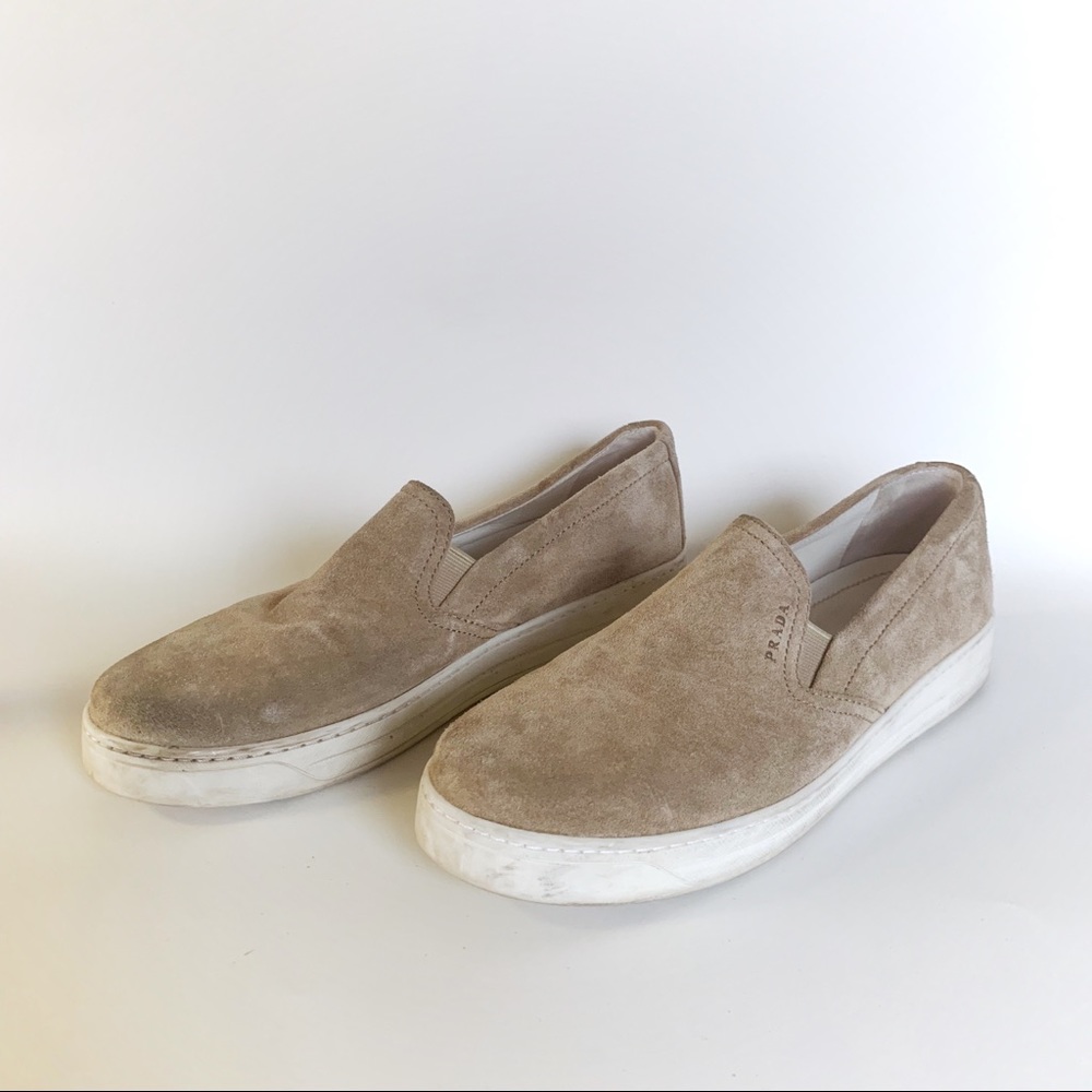 Prada Tan Suede Slip Ons